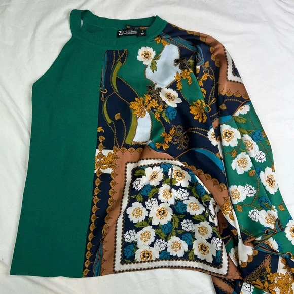New York & Company Women Top S Green Printed Half Scarf A031124 - Picture 1 of 5